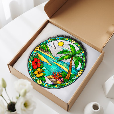 Art mural sur toile de vitrail tropical avec palmiers et hibiscus