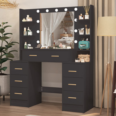 Vanity Table With Mirror And Lights, Vanity Desk With 6 Shelves, 7 Drawers With Golden Handle, Makeup Vanity For Bedroom