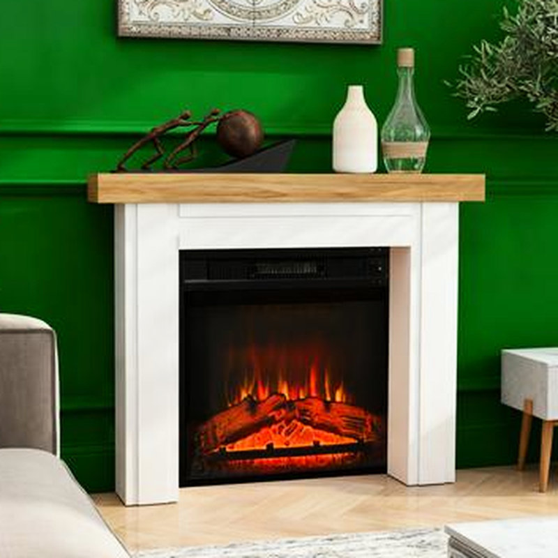 Foyer, autoportant pour foyers électriques, aspect moderne, plateau en grain de bois naturel, surface décorative, qualité, stabilité et sécurité, cadre de 51,2 po de largeur, avec pied, design minimaliste, grain de bois,
