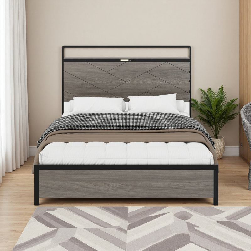 Cadre de lit, cadre de lit plateforme en bois avec tête de lit à DEL avec rangement et 2 ports USB, aucun bruit, aucun matelas à ressorts requis et outils d'assemblage simples, grand rangement sous le lit