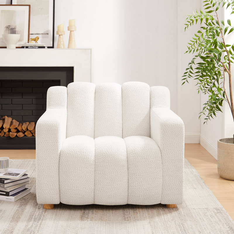 40Inch Boucle Fabric Upholstered Accent Chair, White Polyester Blend/Polyester