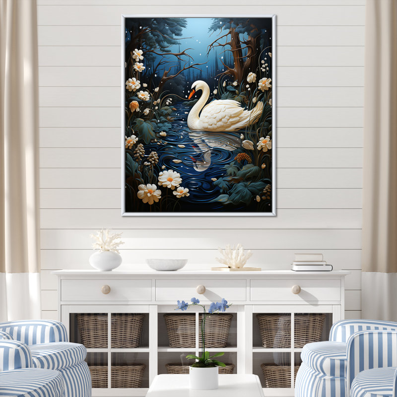 Cygne dans la nuit - reproductions d'art mural animaux cygnes, H 44 po x l 34 po, Cadre flottant blanc