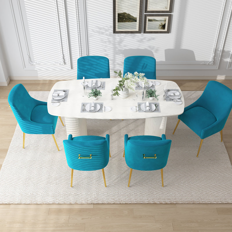 Ensemble de table de salle à manger moderne 6 personnes avec chaises en velours Hillory, Bleu clair