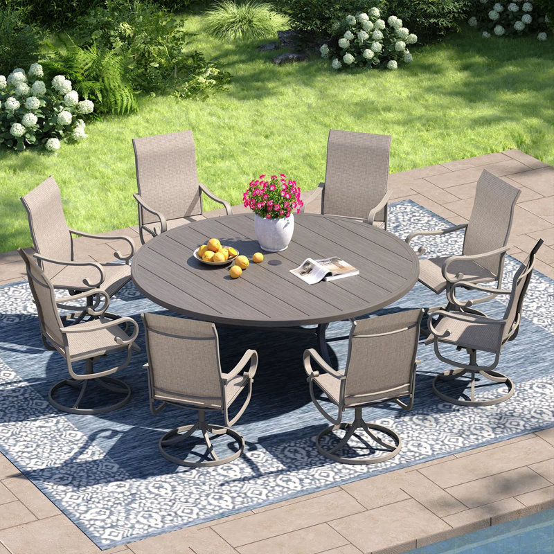 Hereth 60" Round Patio Dining Set with Textilene Chairs , Brush Wood Gray/Sandshell