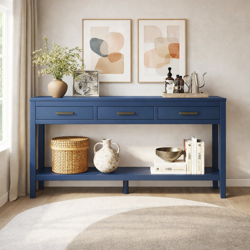 Deerfin Console Table, 59.08'' Contemporary Console Table with 3 Drawers and 1 Shelf, Blue