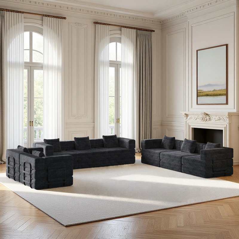 Canapé compressible en velours côtelé, ensemble de canapé-lit pliant, canapé convertible 2 pièces 3 places, canapé 2 places, très grand canapé d'angle, noir