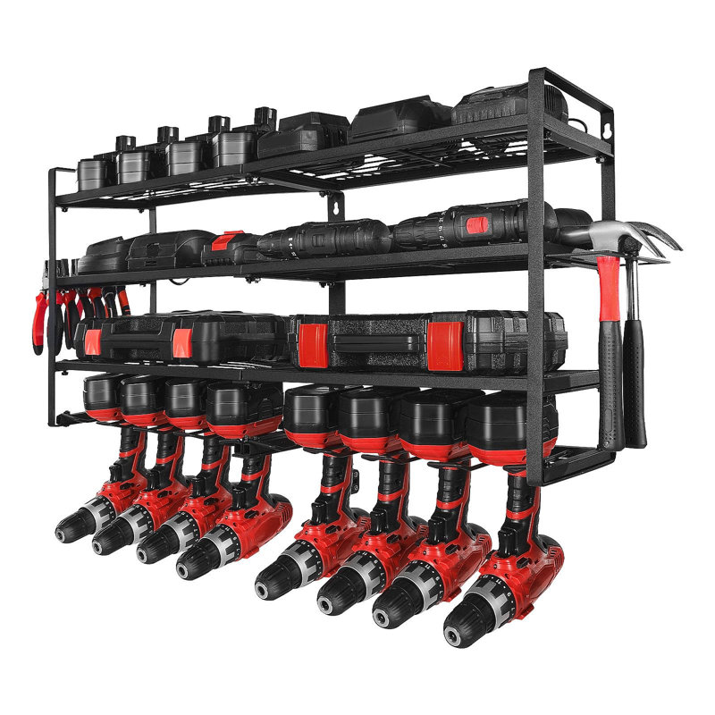 Support mural pour outils électriques, support de rangement à 4 couches avec 8 supports de perceuse, support d'outils et support de rangement avec tournevis, organisateur pour outils de garage, établi et atelier