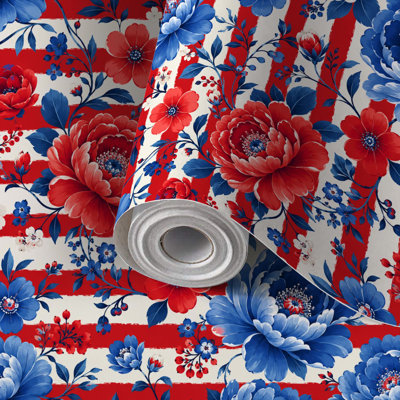 Papier auto-adhésif à motif de papier peint à motif floral rouge, blanc, bleu, rayé, auto-adhésif et amovible 24 po x 118 po (60 x 300 cm)