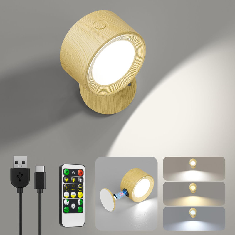  Appliques murales à DEL, lampe murale avec télécommande rechargeable à piles, 3 températures de couleur et lumières murales à intensité variable, rotation magnétique sur 360 ° (bois clair)