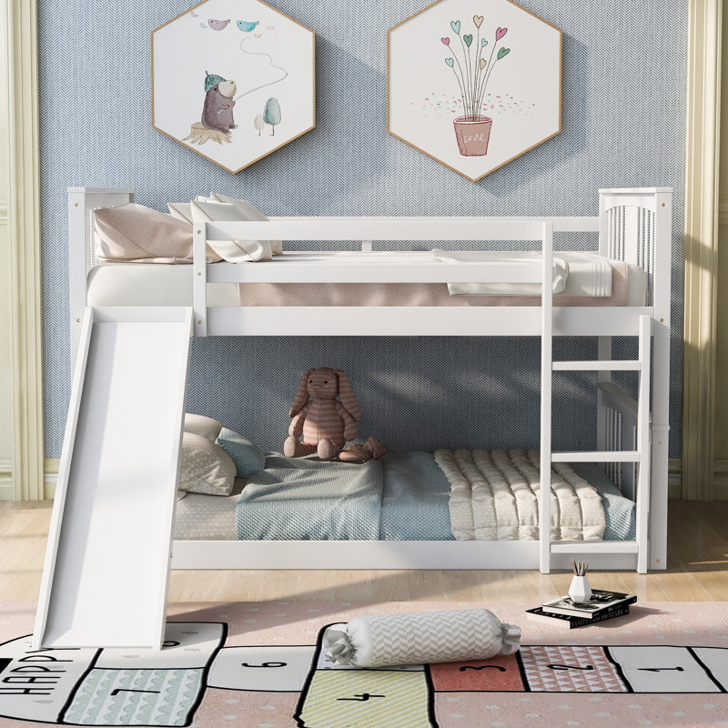Lit double superposé au-dessus d'un lit double avec échelle avec toboggan, blanc, Blanc