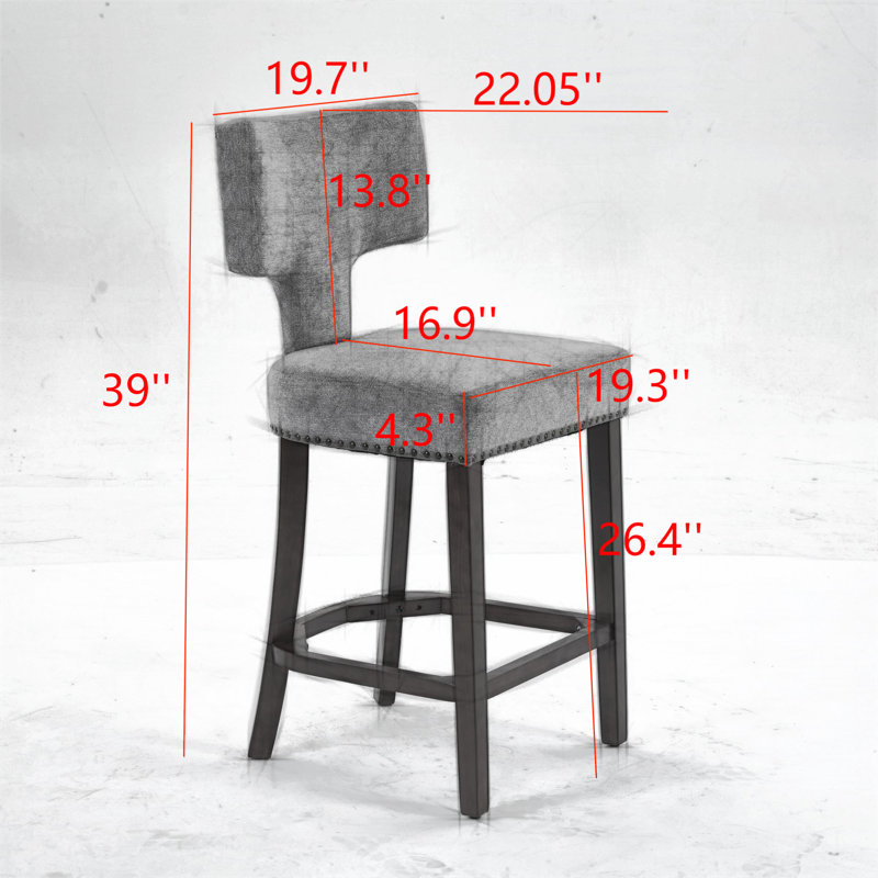 Mid Century Modern Counter Height Bar Stools Set Of 2, Farmhouse Linen Fabric Upholstered Accent Chair Curved Backrest With Copper Nails Around,Kitchen Chairs With Hardwood Frame, Beige