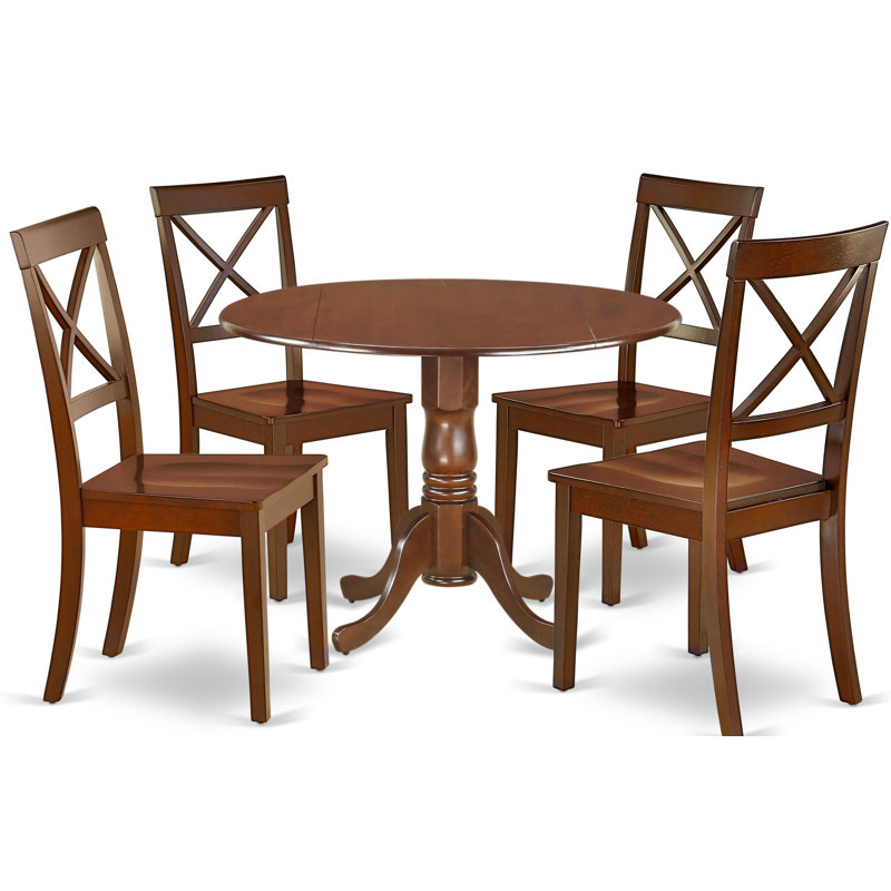 5 Piece Dining Room Table Set Includes a Round Dining Table with Dropleaf and 4 Wood Seat Chairs, 42x42 Inch, Mahogany