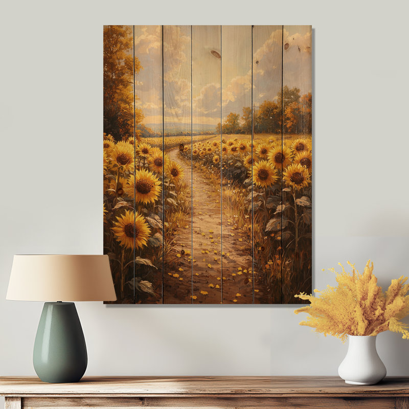 Tournesols le long du chemin de ferme I - Décoration murale en bois de tournesols - sur bois de pin naturel