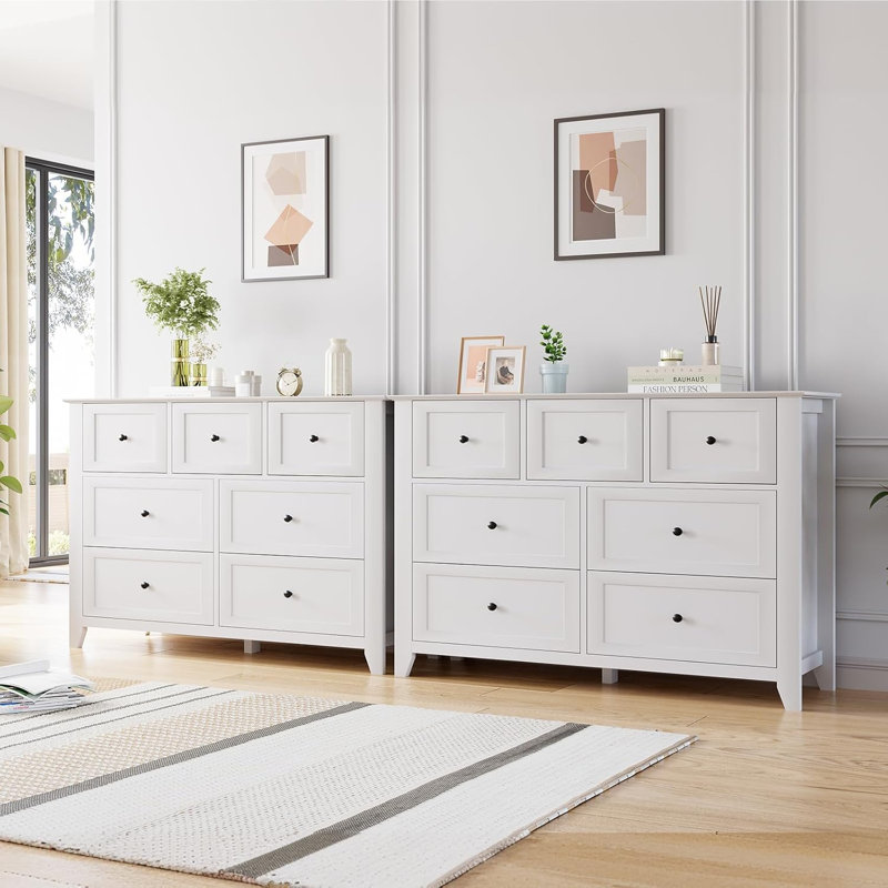 White Painted 7-Drawer Dresser, 2-Piece Large Size Storage Cabinet with Smooth Slides and Inclined Base Design