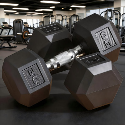 Black Rubber Hexagonal Dumbbell Set, Total Weight 60 Lbs, Single Dumbbell 30 Lbs, Home, Office, Gym, Full-Body Strength Training Equipment.