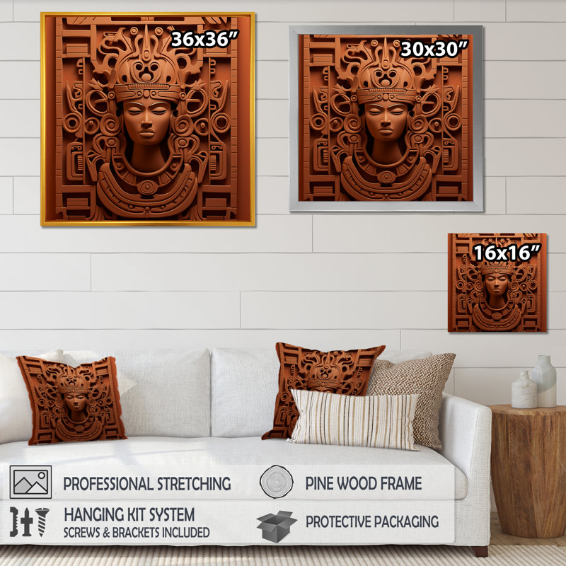 Maya Magic Aztec Mask II - Art mural mexicain, H 16 po x l 16 po x P 1 po, Cadre naturel flottant