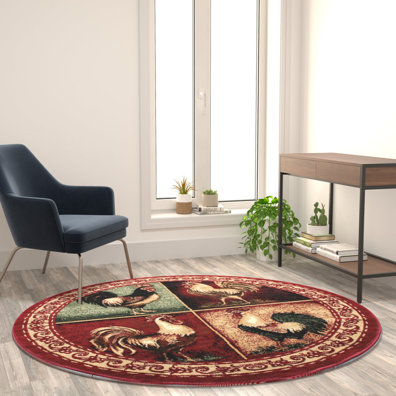 Betria Rustic Cabin Style Vintage Rooster Themed Area Rug, Round 6'