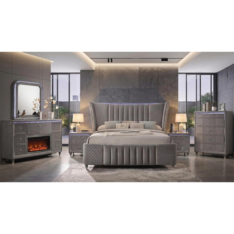 Ensemble de chambre à coucher 4 pièces gris cheatum King, Gray, 4 Pcs: Bed, Nightstand, Dresser, Dresser Mirror, King