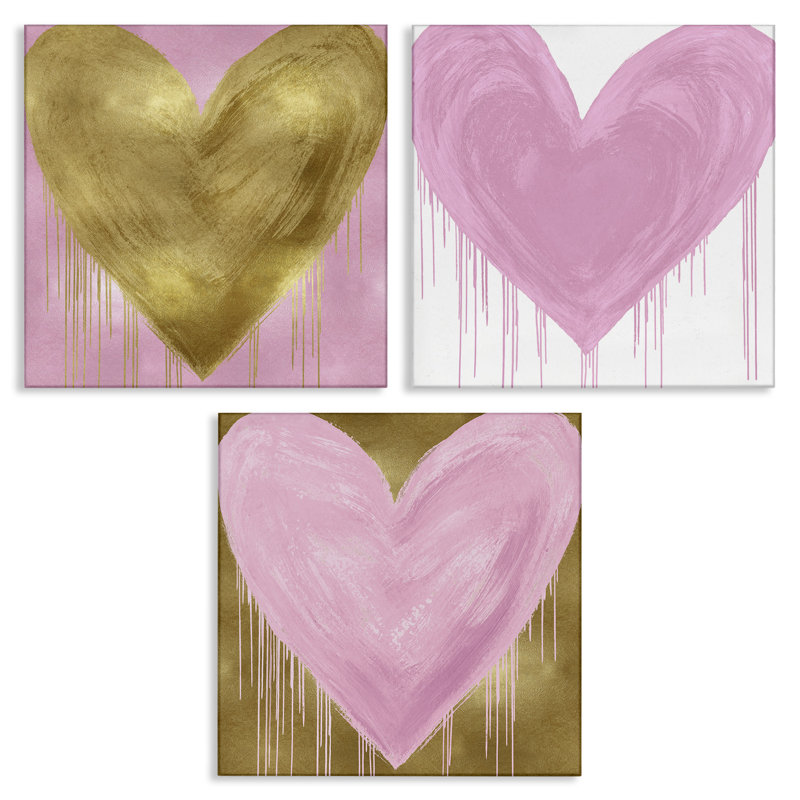 Glam Paint Drip Hearts Design Pink Gold Shapes par Lindsay Rodgers - ensemble de 3 impressions, H 17 po x l 17 po
