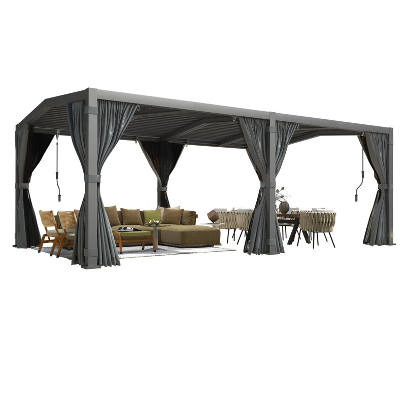 Dark Grey Aluminum 12x20 Louvered Pergola with Adjustable Roof and Curtains