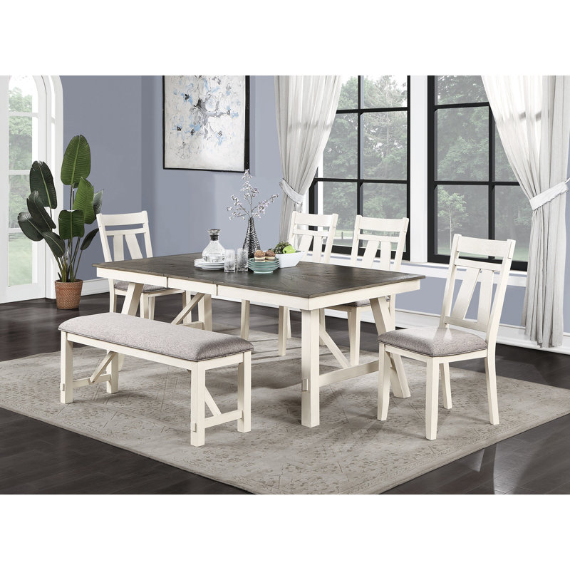 Dining Bench In Gray And White, Cushioned Seat, Bench, White Wood,