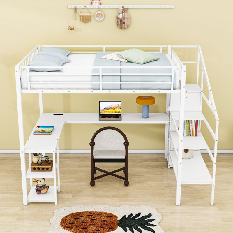Queen Loft Bed With Desk, USB, And LED Lights