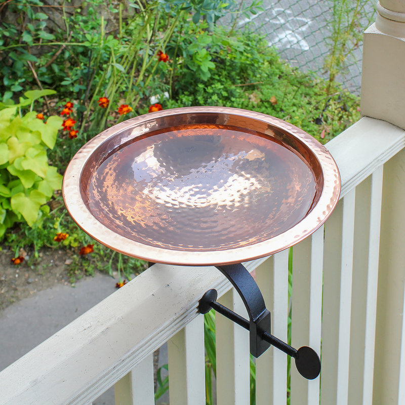 Copper Hammered Birdbath with Wrought Iron Rail Bracket