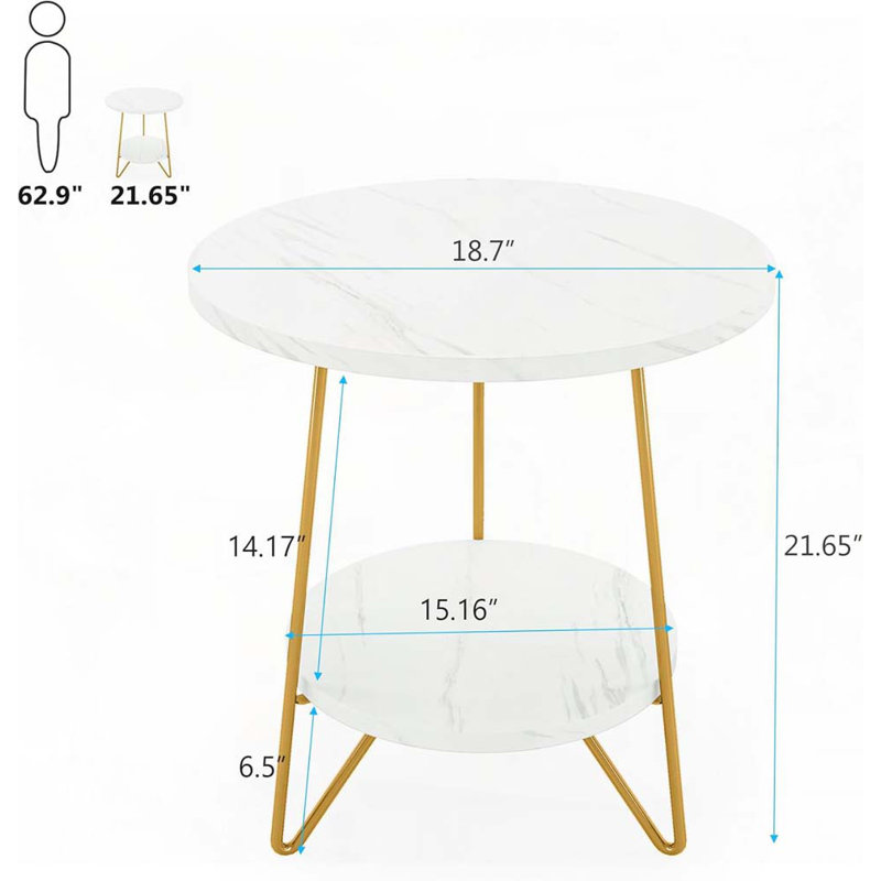Table de bout ronde 18,7 po en faux marbre, table d'appoint ronde blanche et dorée à 2 niveaux