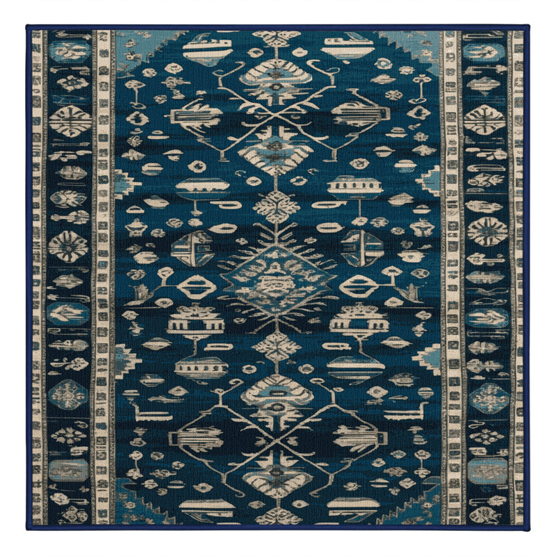 Tapis bleu turc lavable à la machine, Carré 5 pi