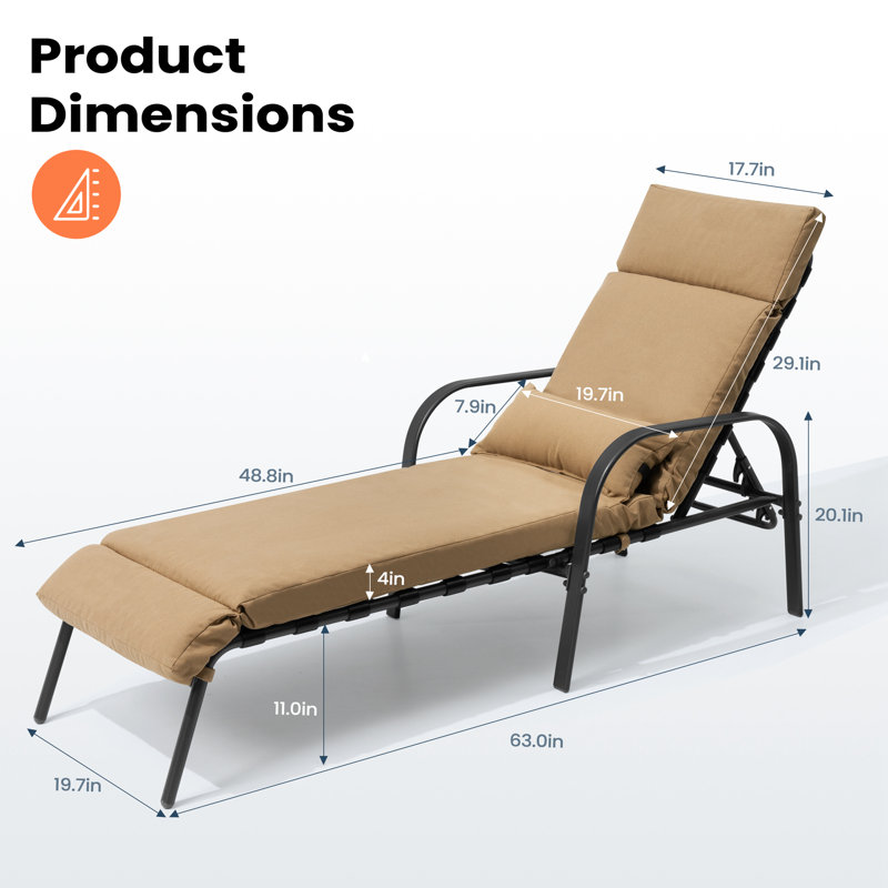 Outdoor Powder Coated Steel Chaise Lounge  With Cushions, Tan