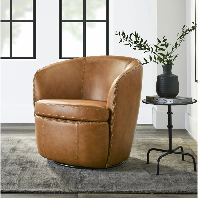 Fauteuil demi-tonneau pivotant 100% cuir italien Crandell, Cuir véritable caramel