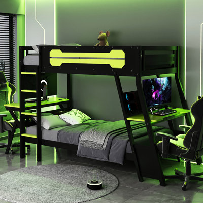 Gaming Bunk Bed Of Twin Size, , With Built - In Desks, Ports, And For Setup Gamers, Two Organization