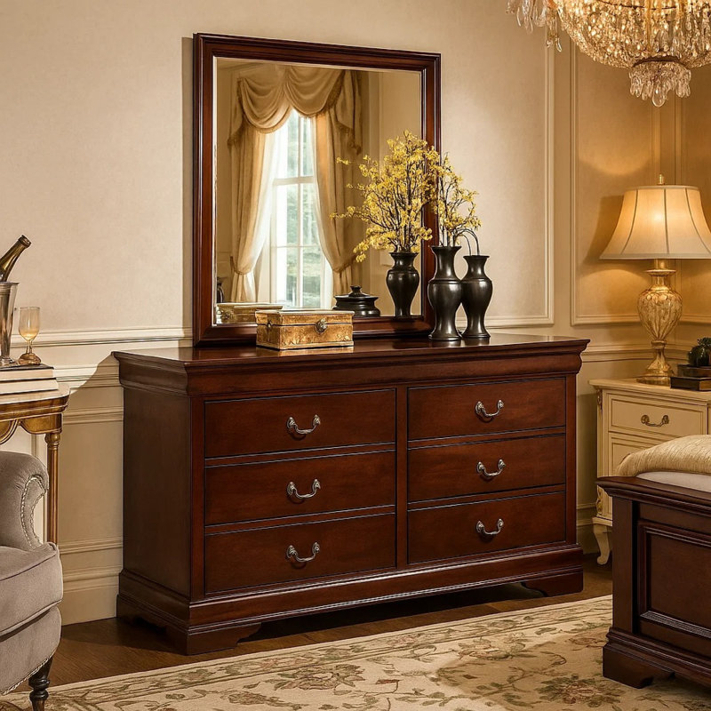 Ensemble de commode et miroir 2 pièces Deyr, 6 tiroirs, style Louis Philippe, brun