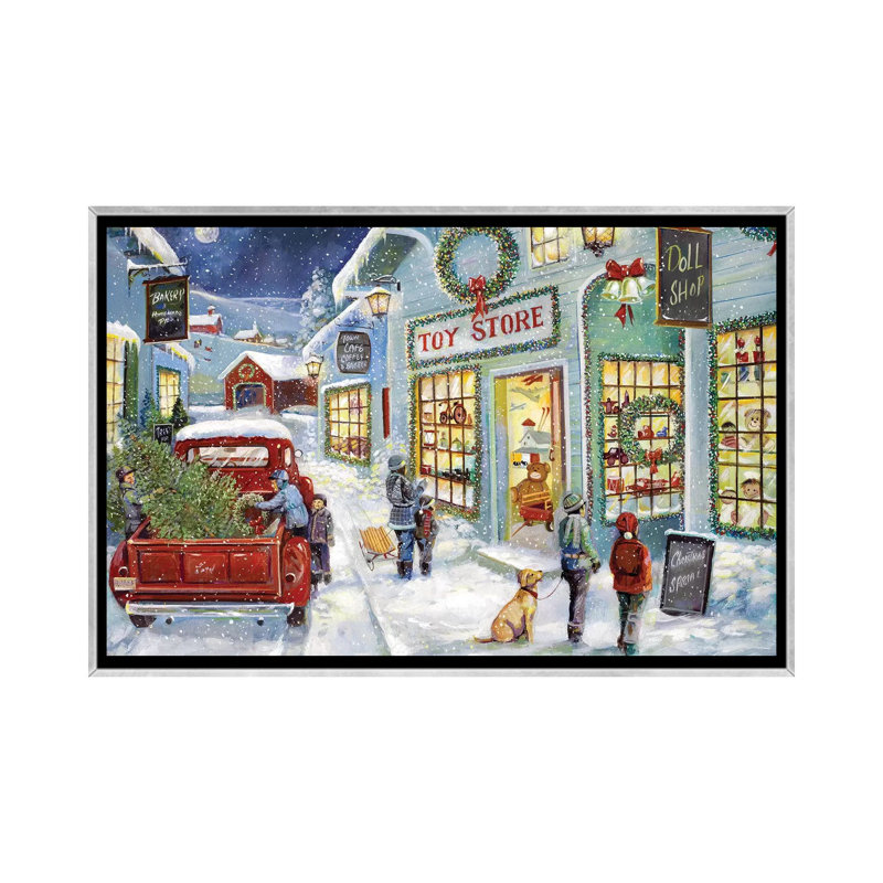 «Toy Shop» par Ruane Manning - reproduction d'art, H 26 po x l 40 po x 1,5 po, Toile avec cadre argenté, Aucun mat