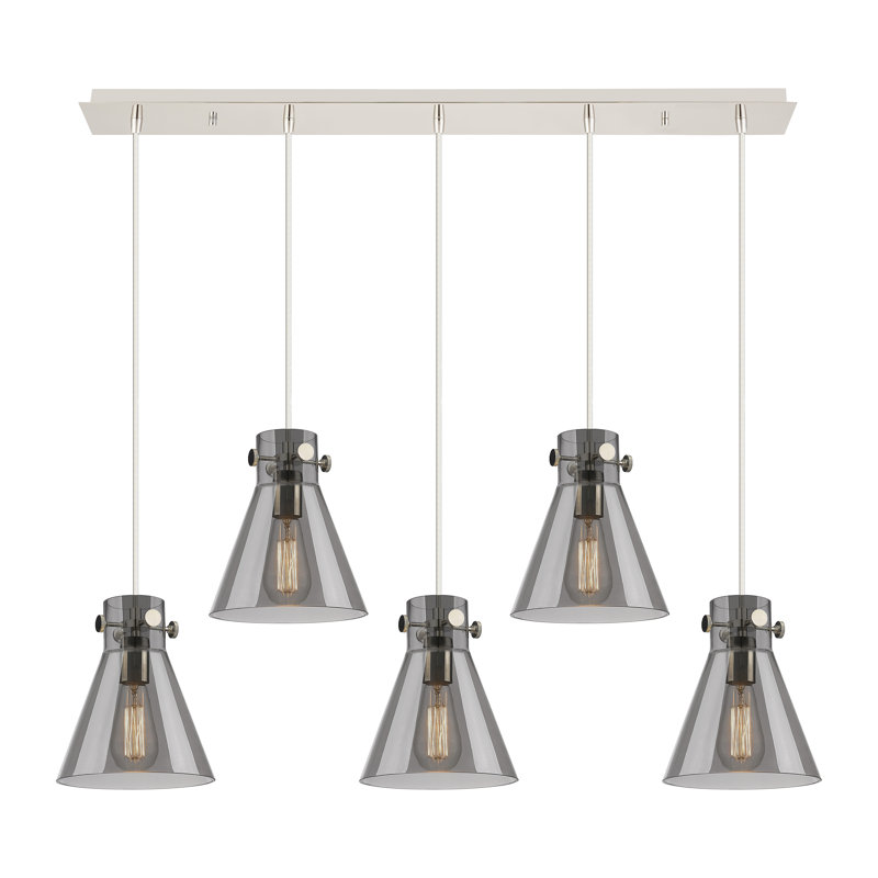 Luminaire suspendu conique à 5 lumières Amrith, Gris fumée clair, Nickel poli