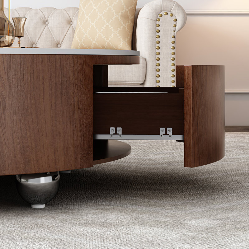 Table basse 35,4 po moderne en faux marbre avec 2 tiroirs et plateau en pierre frittée, table basse ronde rustique avec placage en noyer