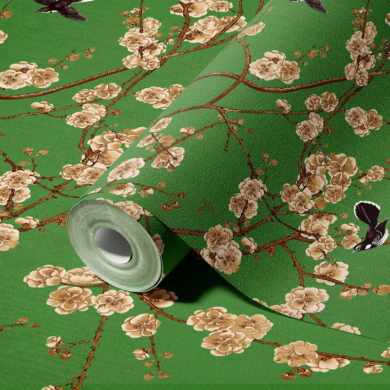 Papier peint fleurs de cerisier en fleurs, L 110,04 po x l 204 po, Vert