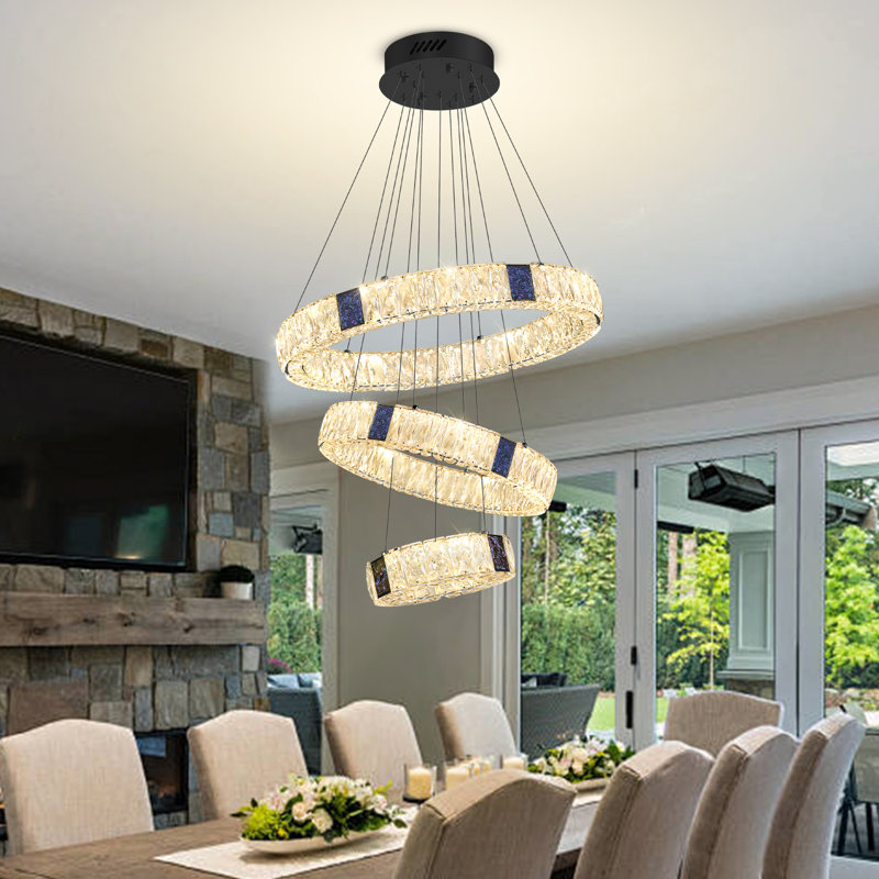 Luminaire suspendu moderne en cristal noir à anneaux pour salon, salle à manger, cuisine à 3 anneaux 8 po + 16 po + 24 po