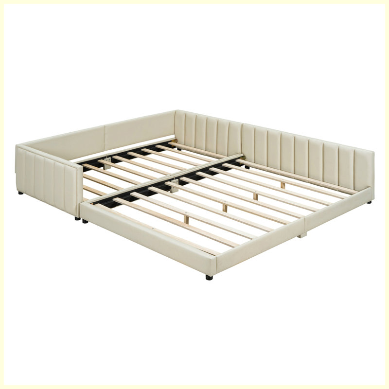 Lit plateforme tapissier grand et simple TG, lit mère et enfant, similicuir, Beige