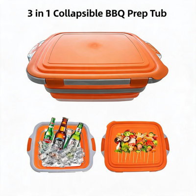Collapsible BBQ Prep Tub with Lid, Folding Wash Basin for Camping & Outdoor Meal Prep - Built-In Cutting Board - Portable Plastic Kitchen basin Bin, 16L