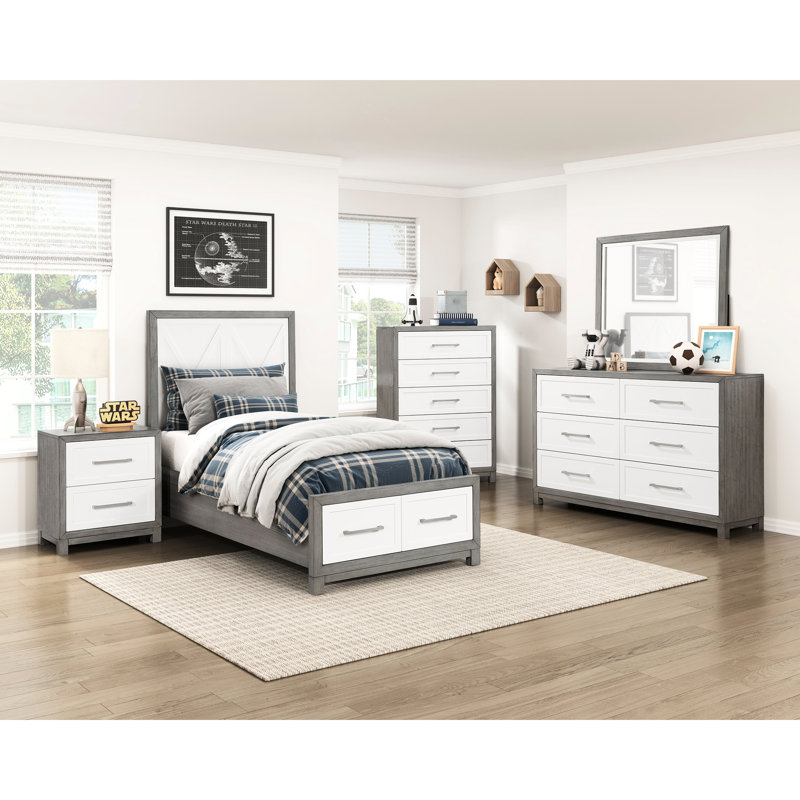 Lit simple contemporain avec rangement et finition grise, poignées en nickel poli, conception sans fondation requise, couleur, structure en bois, tête de lit incluse