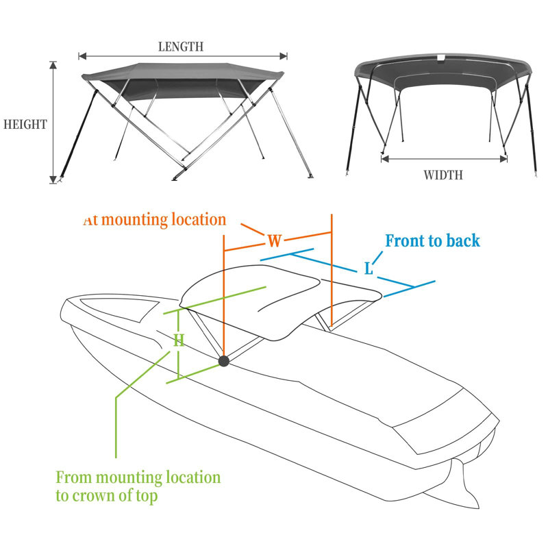 4 toits de bateau Bimini pour bateau, auvent L 8 pi x H 54 po x l 91 à 96 po avec rideaux latéraux à fermeture à glissière, toile de revêtement en polyuréthane, structure en aluminium de 1 po, comprend 2 sangles, 2 poteaux de support arrière stabl