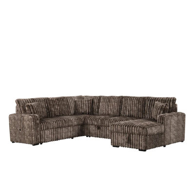 Alfreton Brown Corduroy Sectional Sofa With Pullout Bed & Storage