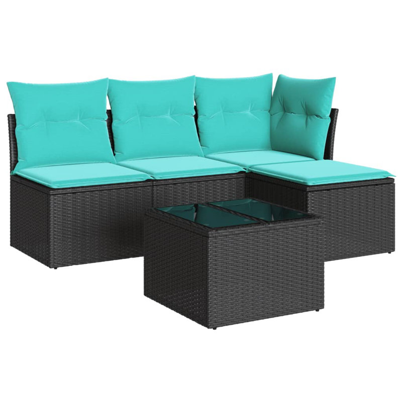 Ensemble de canapé de patio 5 pièces avec coussins en rotin de polyester, Bleu clair, Noir