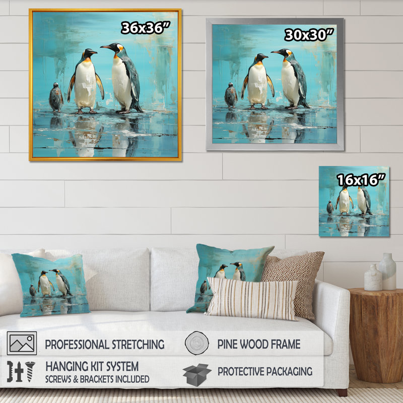 «Penguin Family Elegance In Snow II», reproduction sur toile, Cadre flottant noir, 16" H x 16" W