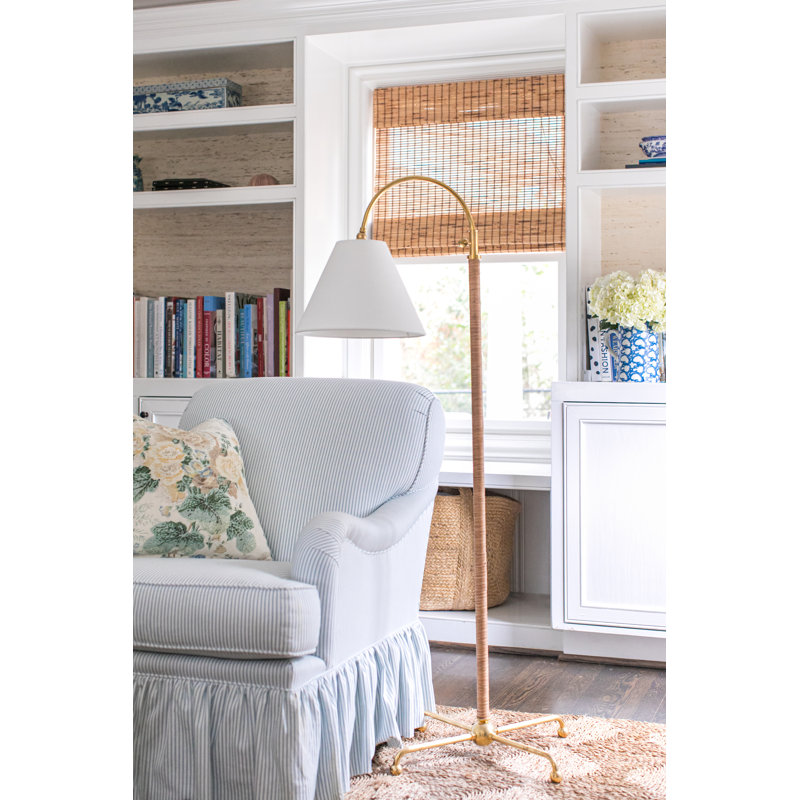 Curves No.1 Aged Brass Arc Floor Lamp with Off-White Linen Shade