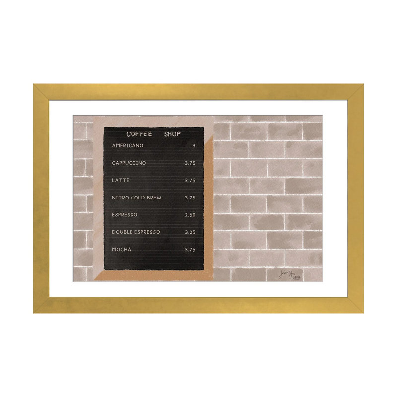 Café menu - reproduction d'art murale - papier d'art encadré, 24 po x 16 po, Papier encadré, Doré
