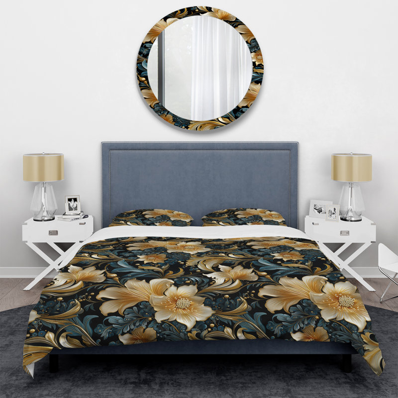 Literie des jardins royaux dorés et sarcelle, Housse de couette pour grand lit et 2 taies décor