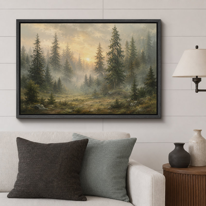 «Misty Evergreen Forest Sunrise», art de salon rustique, impression sur toile encadrée, H 24 po x l 36 po x P 1,5 po