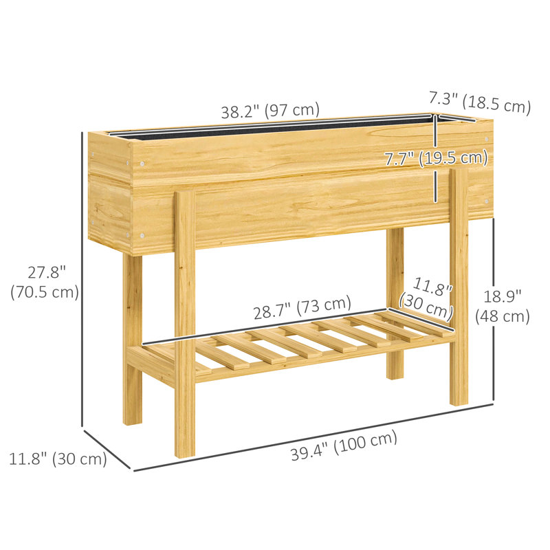 Lit de jardin surélevé, jardinière avec tablette de rangement, bois naturel